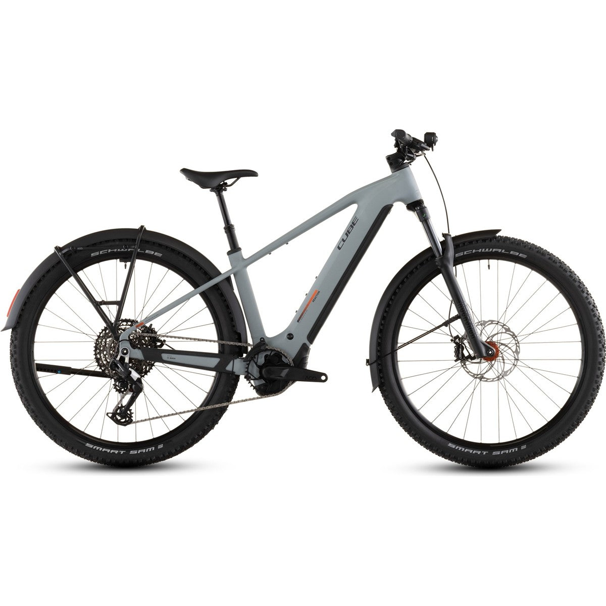El MTB Cube Reaction Hybrid Race 800 FE Vulcan/Orange