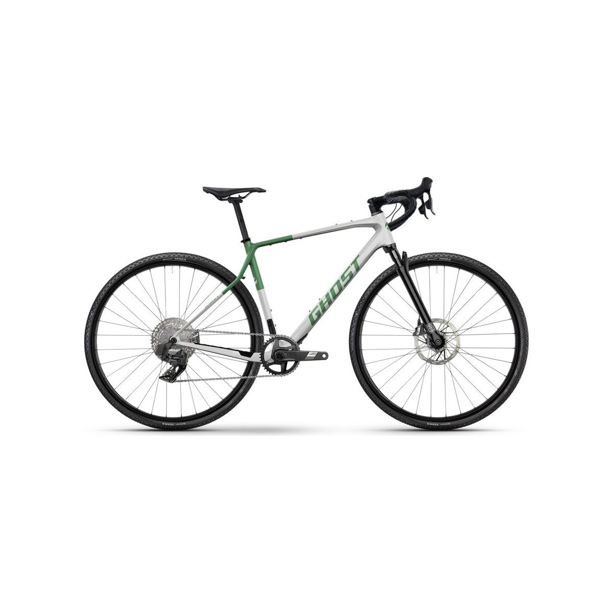 Gravel bike Ghost Asket CF Full Party Silver Stone/Madow Green