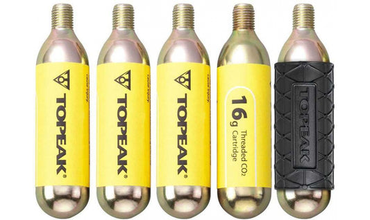 Kolsyrepatron Topeak gängad 16 gram 5-pack + 1 silikonskydd